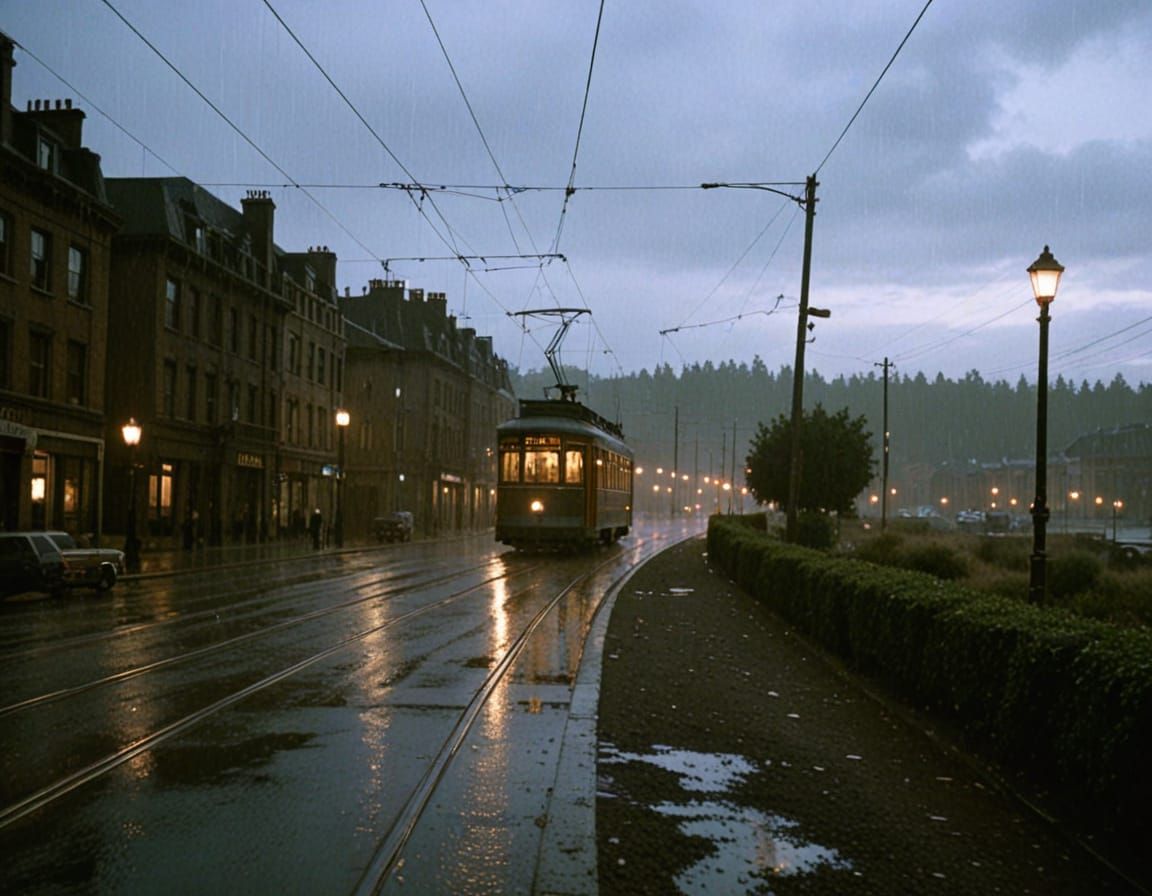 Art Deco Tram in Moody Urban Nightscape