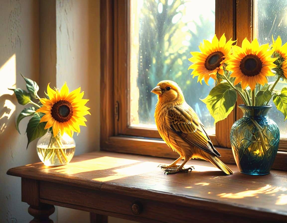 Canary on Table with Sunflowers in Golden Sunlight
