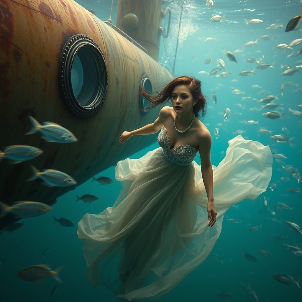 Ethereal Underwater Scene with Elegant Woman and Vintage Sub...