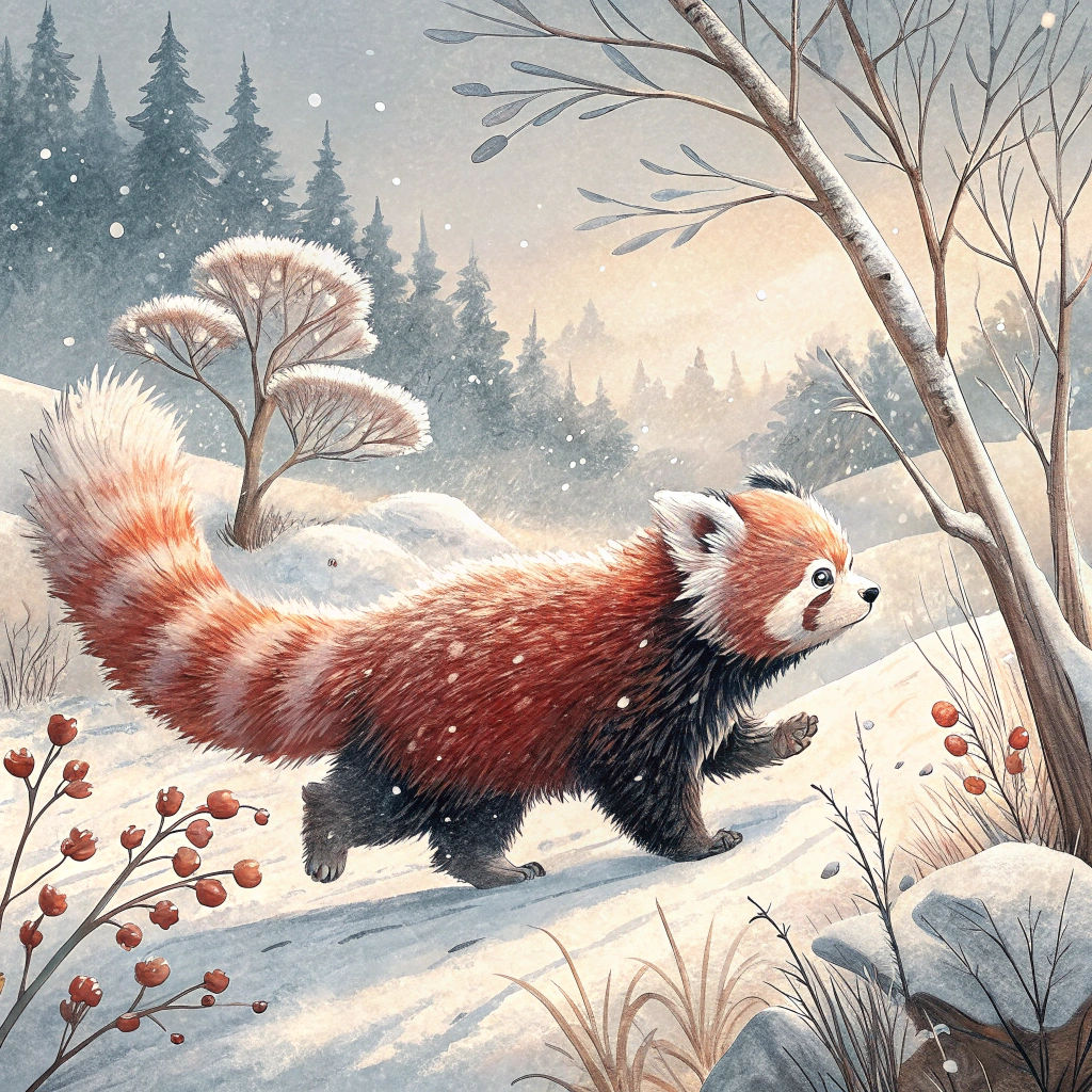 Red Panda's Winter Run: Dreamlike Watercolor Style