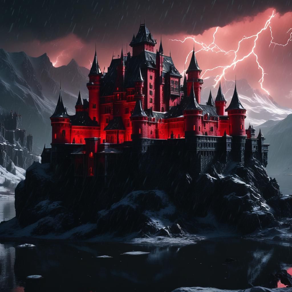 Fantasy Castle in Snowy Mountains at Night