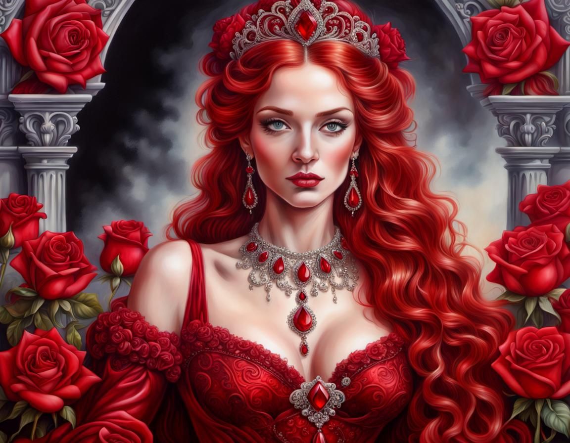 Renaissance Queen in Scarlet Red Ballgown, Airbrushed with U...