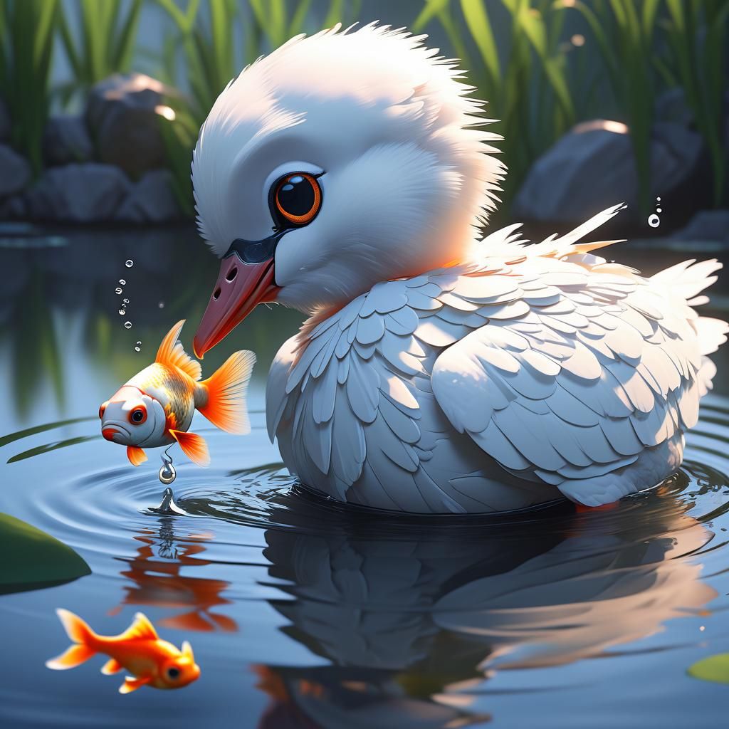 Cute Chibi Stork Catches Goldfish: 3D Anime Art