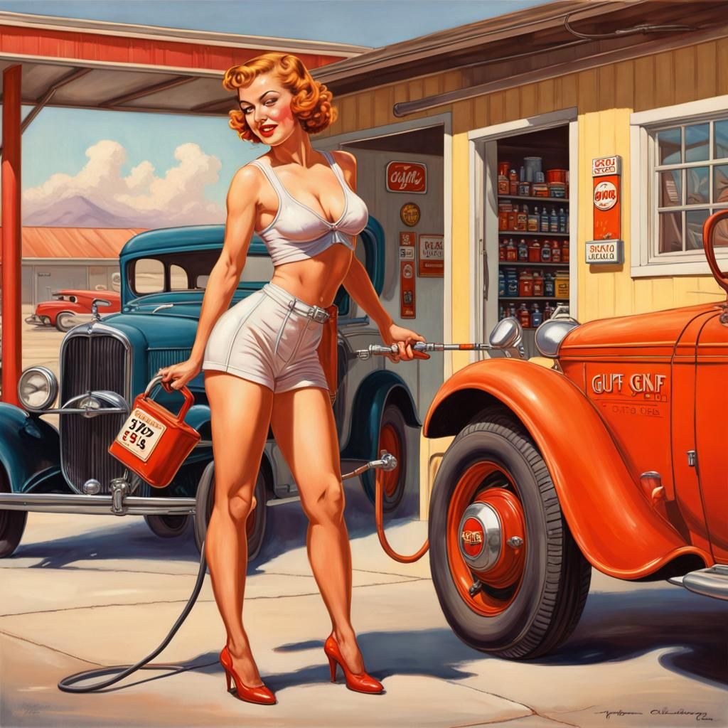 1930s Pin-Up Girl at Gulf Gasoline Station