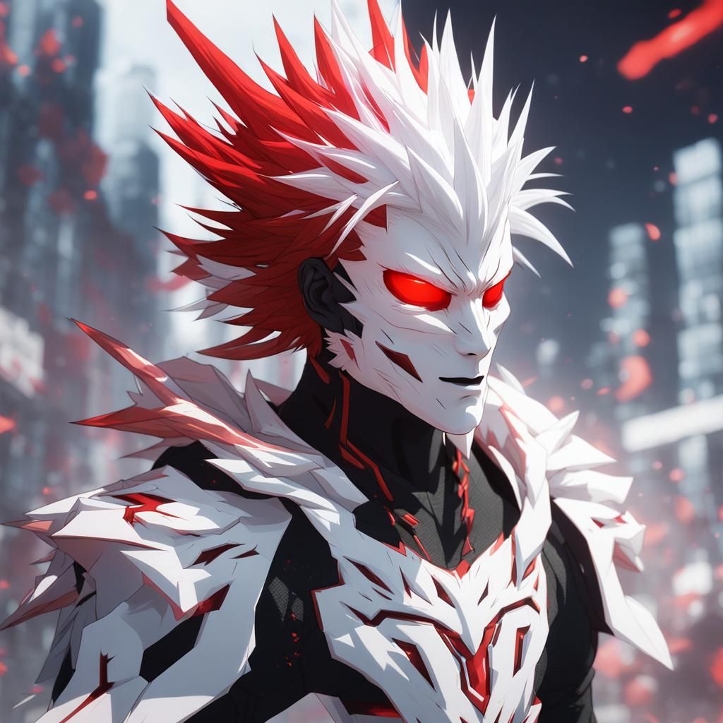 white mask on the head of a man with flowy, spiky hair