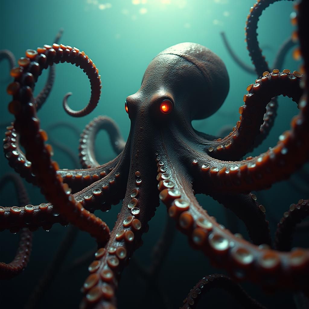 Sinister Octopus with Glowing Eyes in Film Noir Style