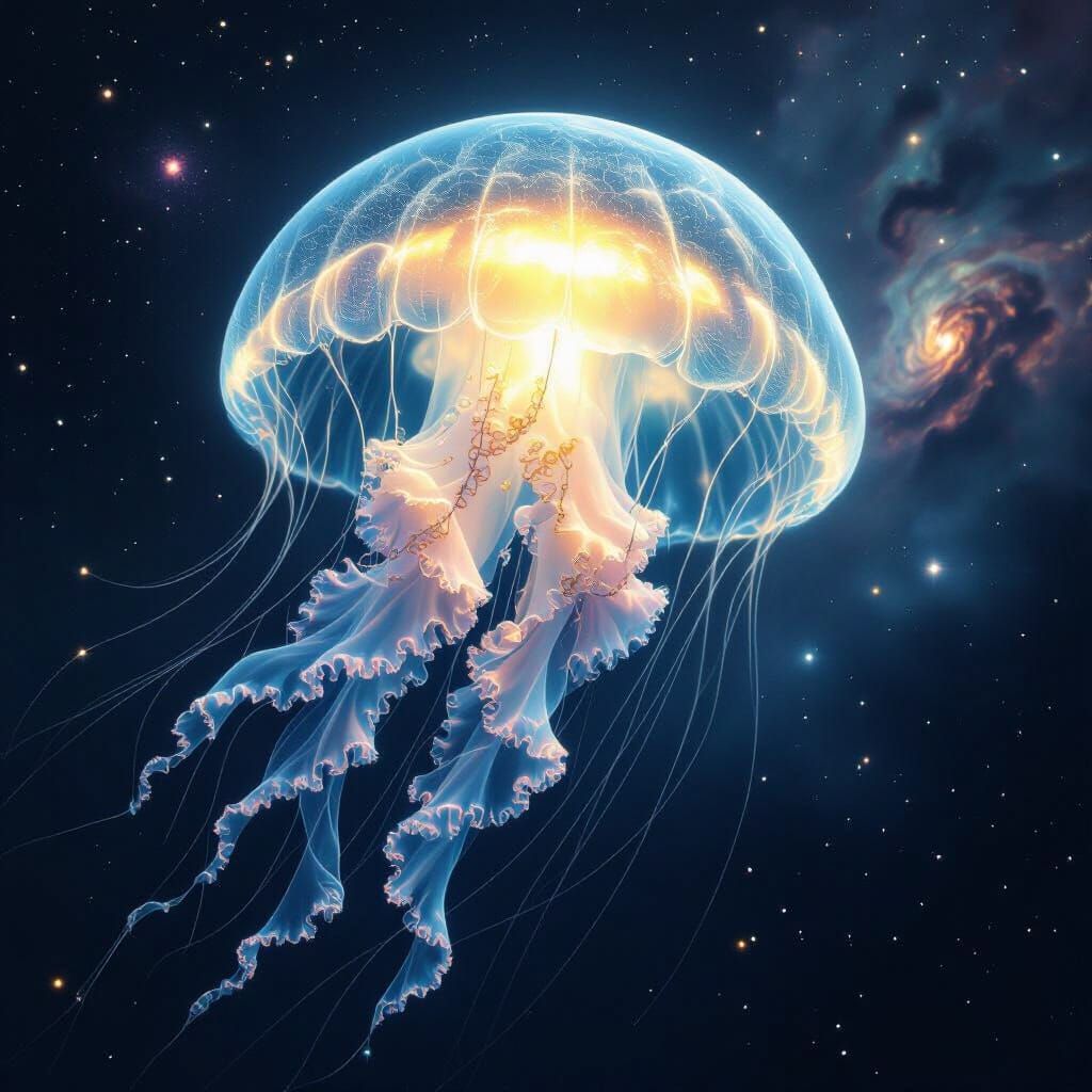 Bioluminescent Jellyfish Drifting in Deep Space