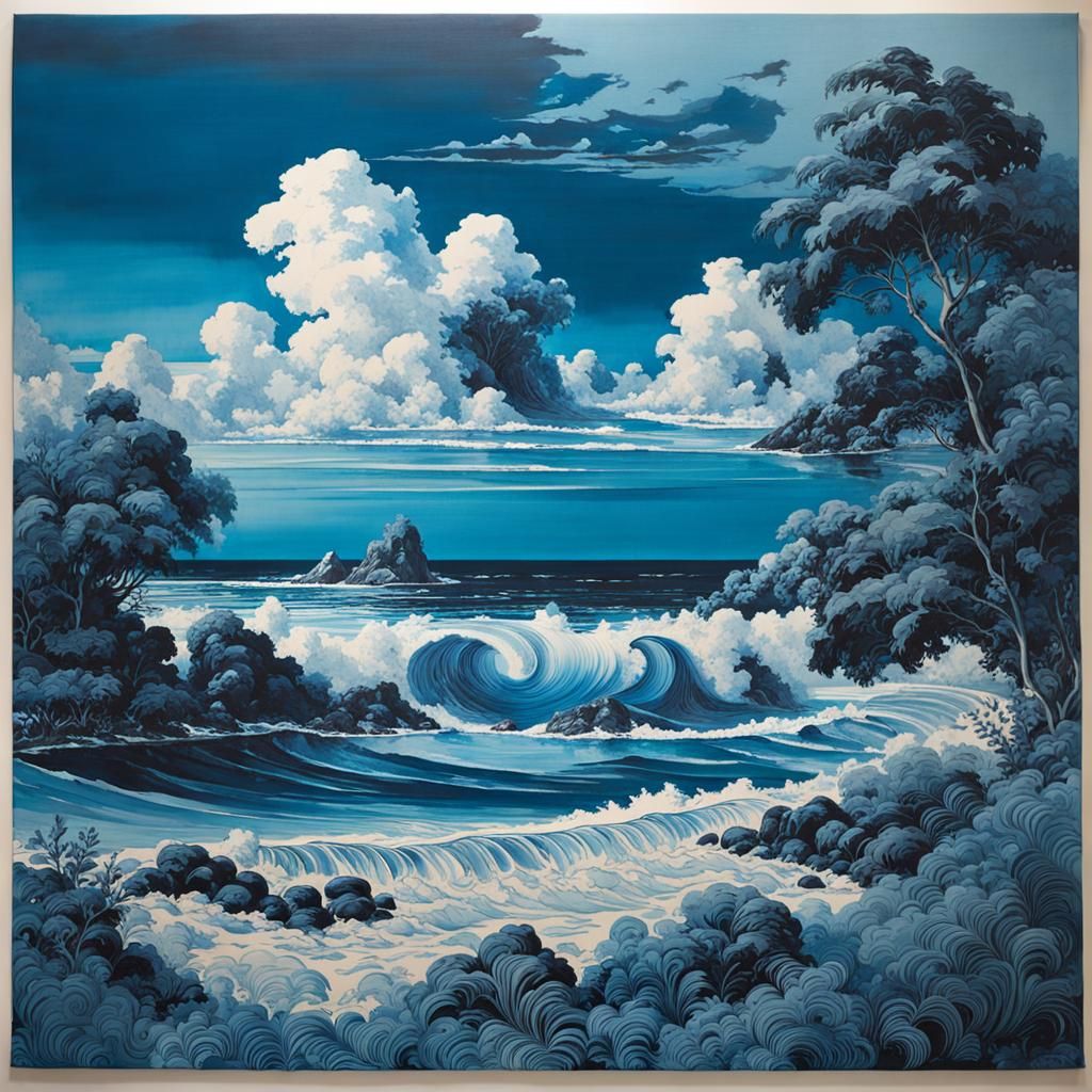 Cyan Monochromatic Ocean Shore Ink Wash Painting