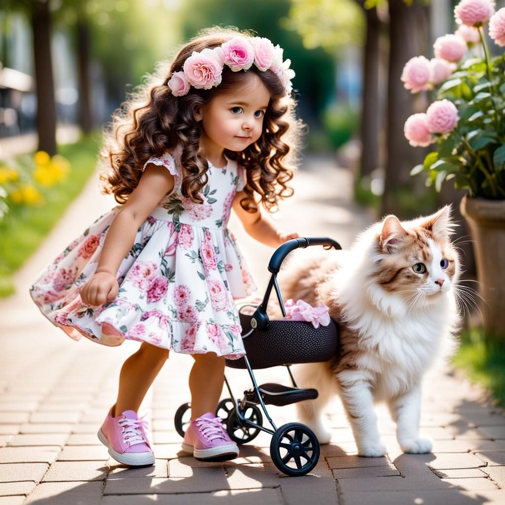 Girl with Cat and Doll on Sunny Day