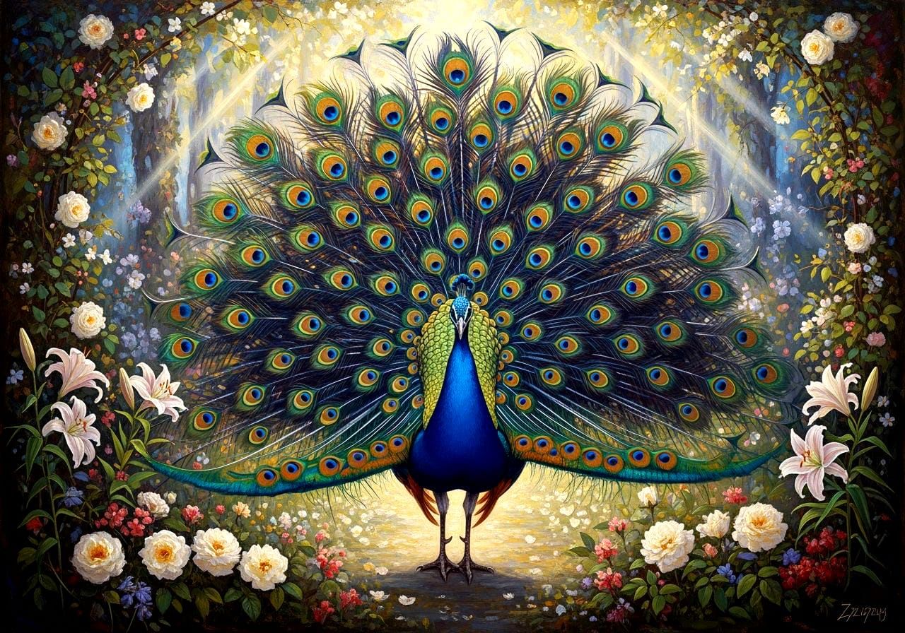 Majestic Peacock in a Magic Garden