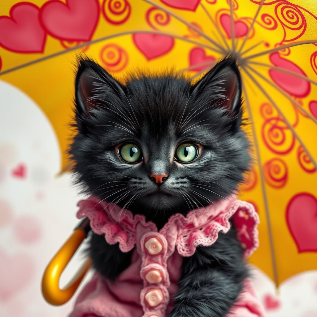 Whimsical Kitten Portrait Under Vibrant Yellow Umbrella