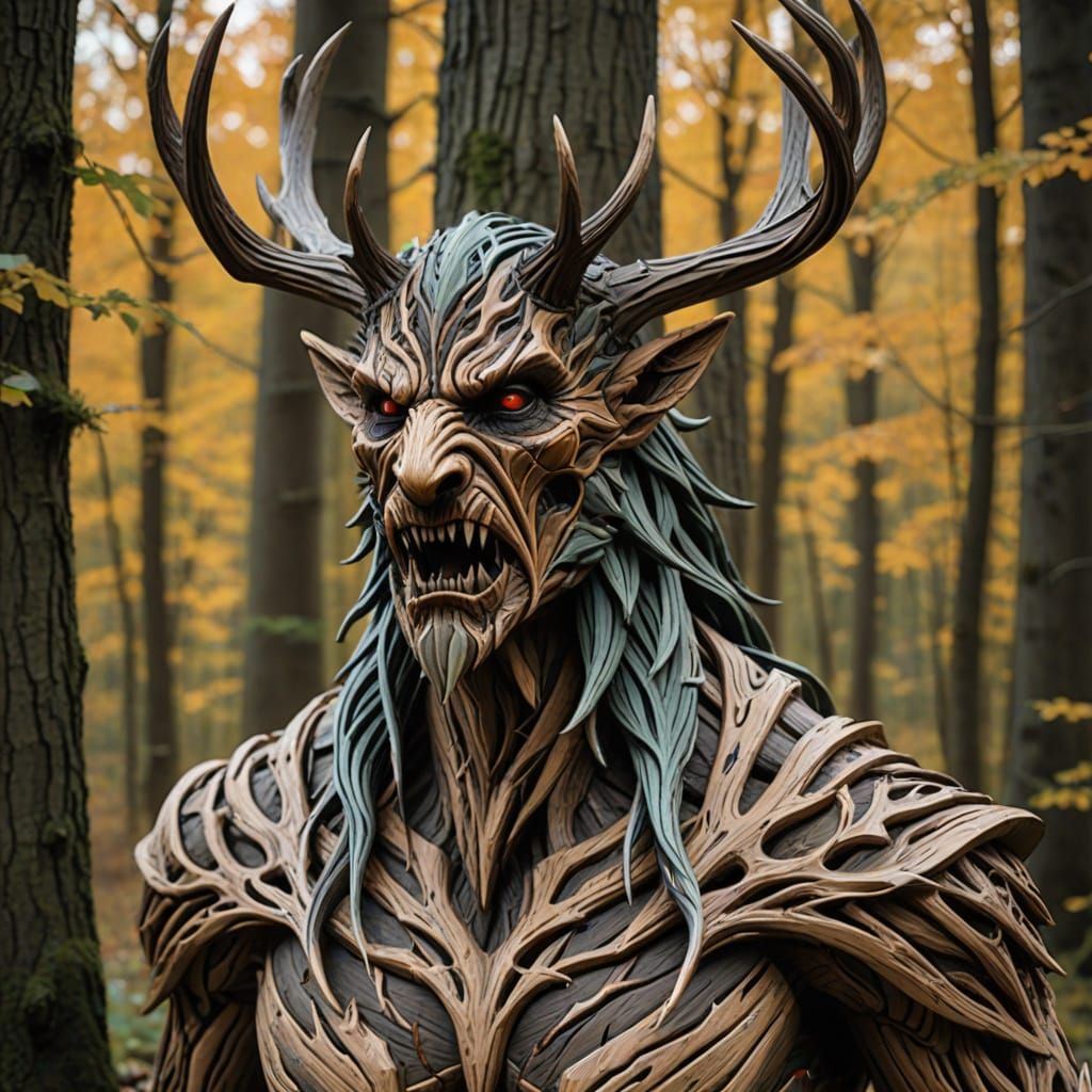 Wooden Leshen Sculpture Showcasing Intricate Wood Grains