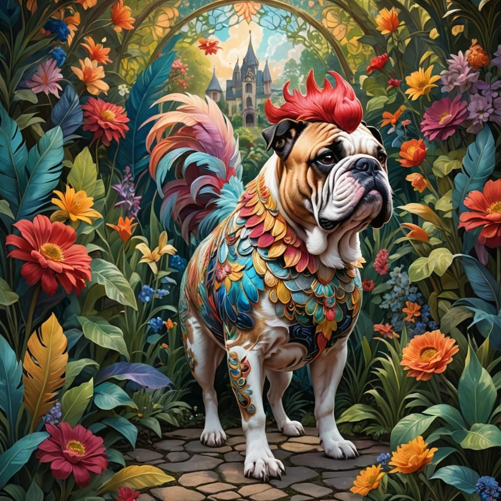 Whimsical Rooster-Bulldog Chimera in Art Nouveau Garden