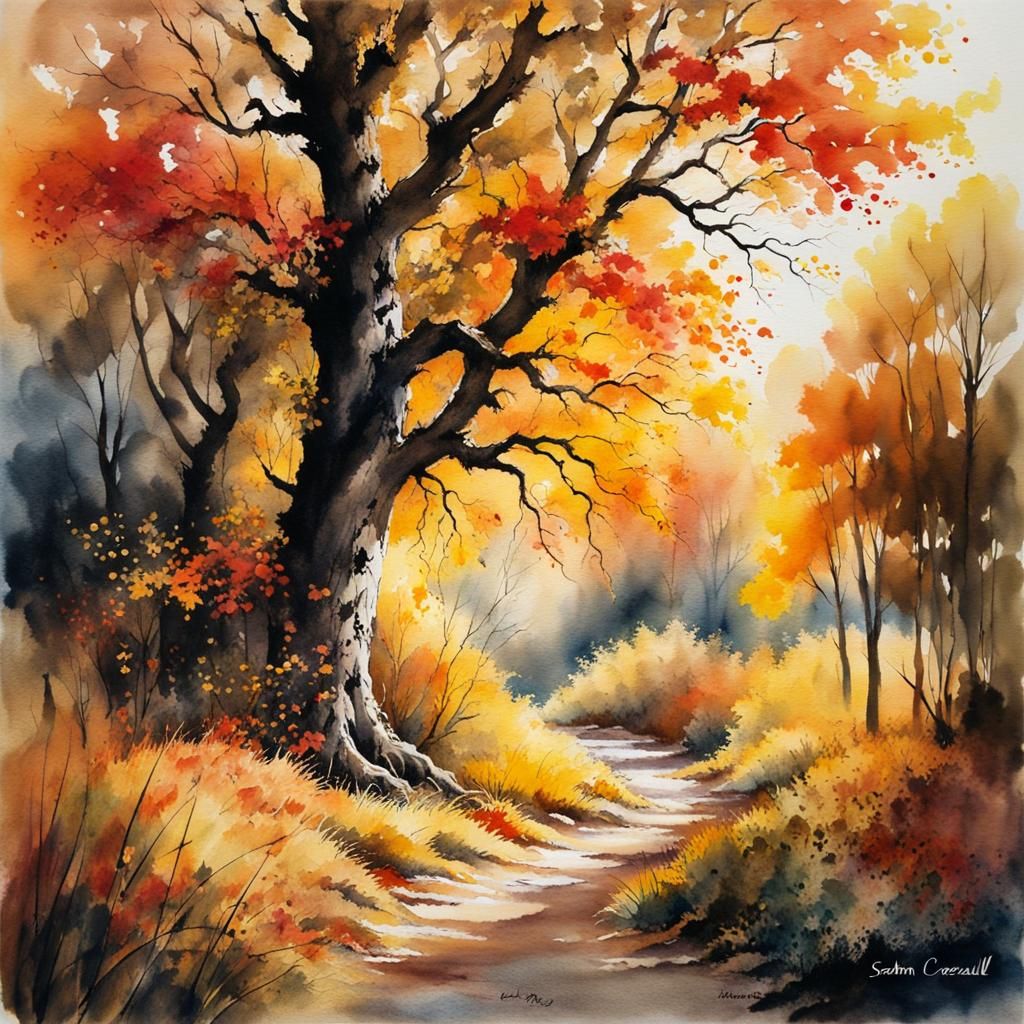 Autumnal Tree in Fantasy Landscape: Watercolor Art