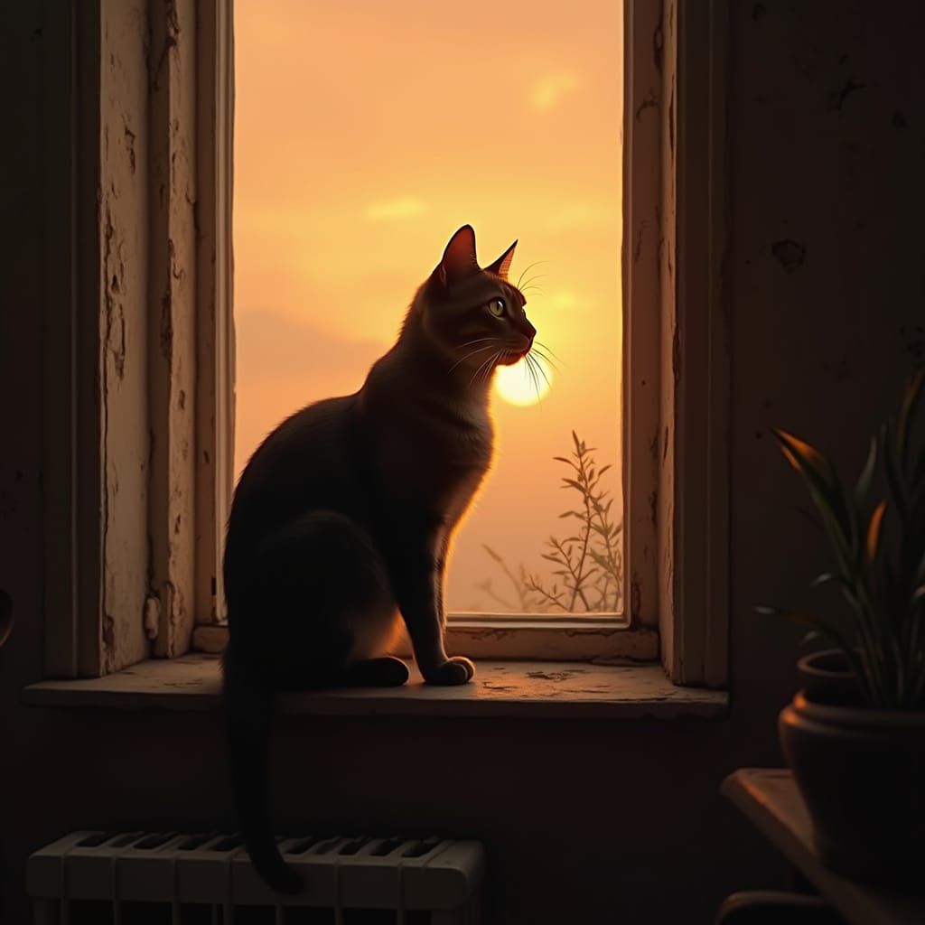 Cat Silhouette on Windowsill at Sunset: Photorealistic Style