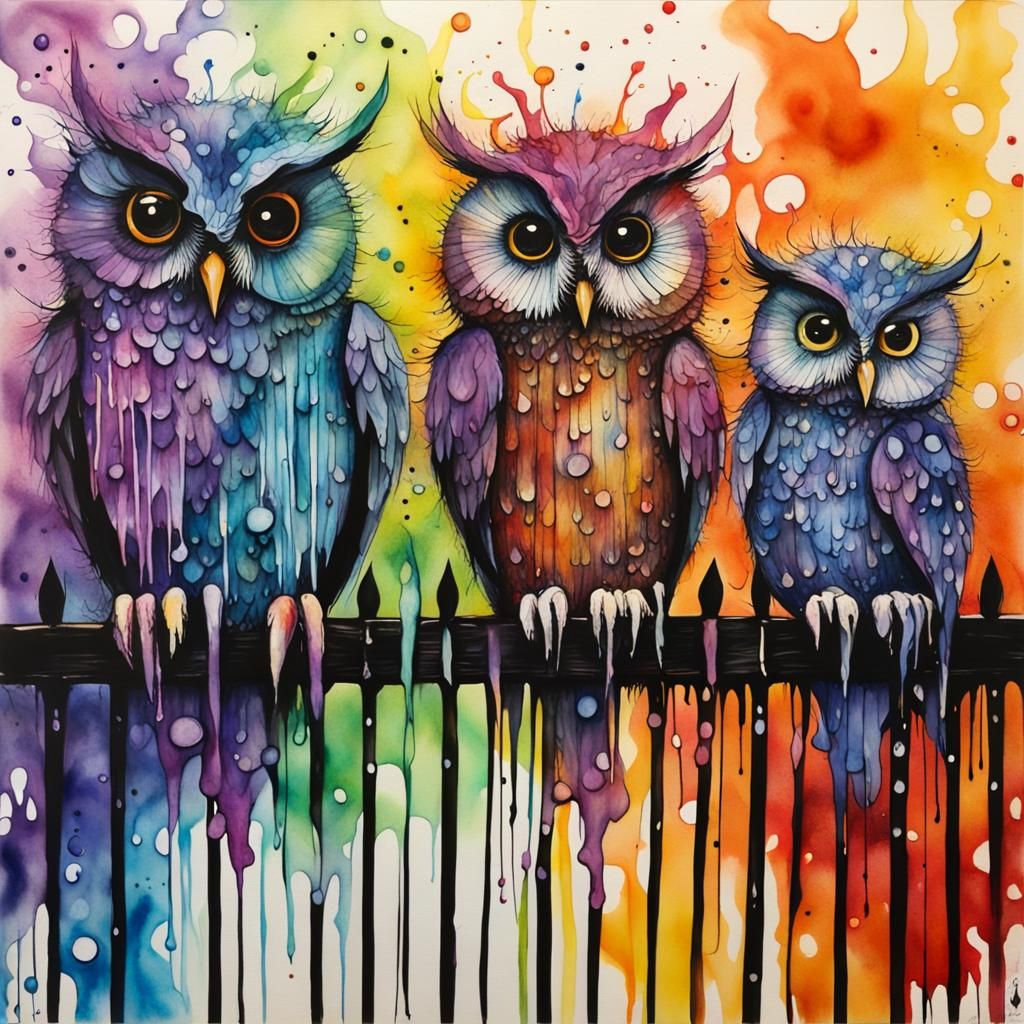 Whimsical Owls Conversing in Watercolor and Ink