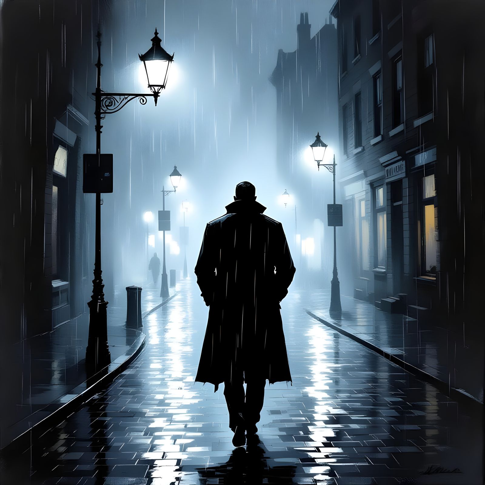 Man in Coat Walks on Rainy Night Street Towards Viewer