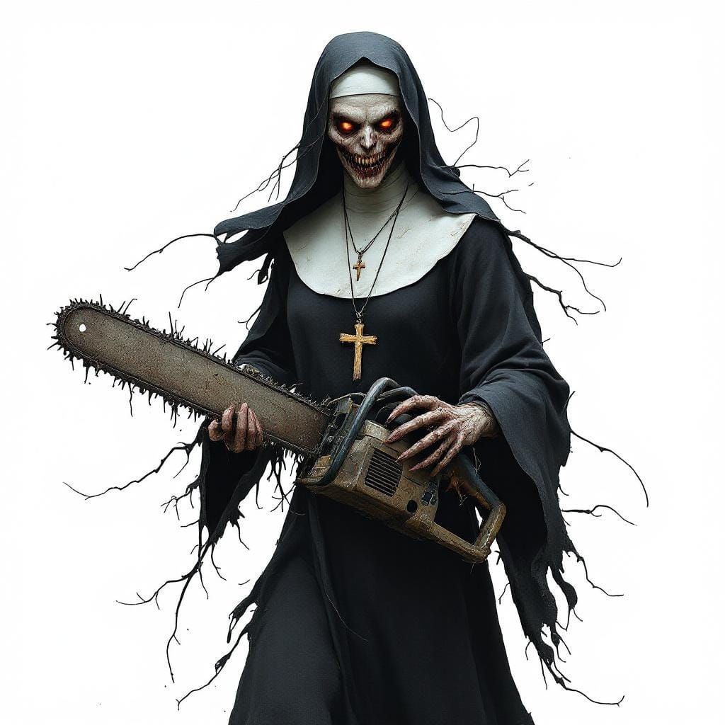 Demonic Nun with Chainsaw in Dark Biomechanical Style