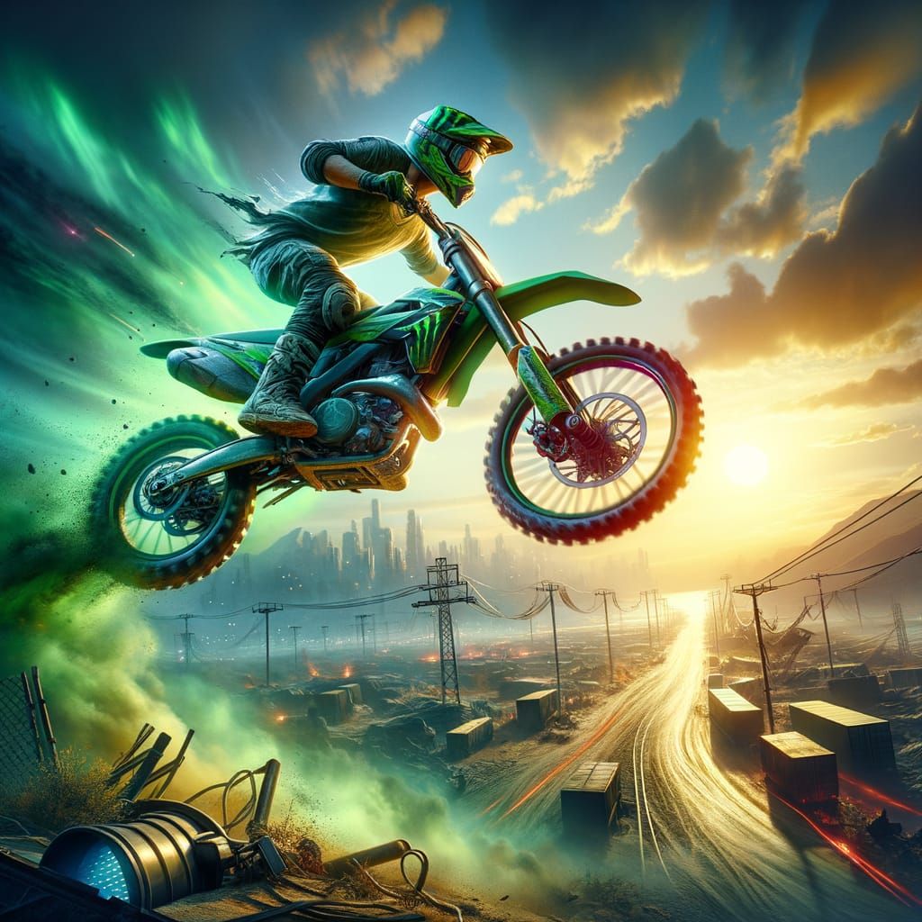 Dirt Bike Stunt in Apocalyptic Scene, 3D Game Art