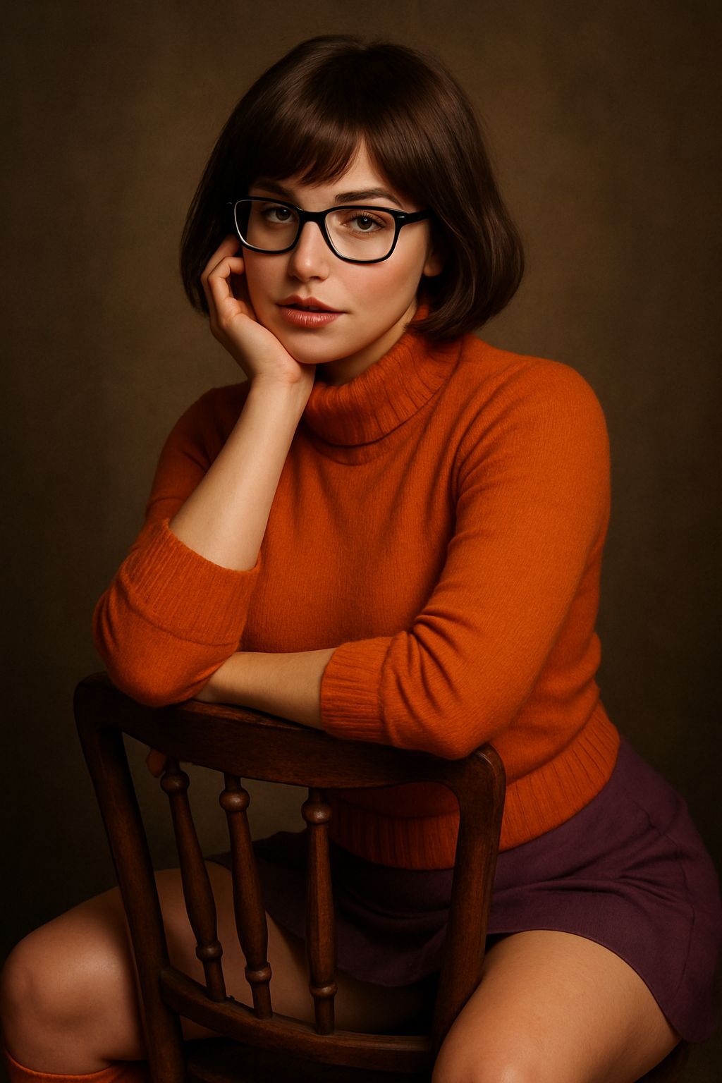 Flirty Velma Sits Backwards on Chair, Longing