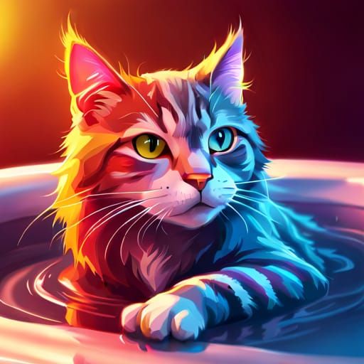 Cat Relaxing in Hot Tub: Hyperdetailed Digital Art