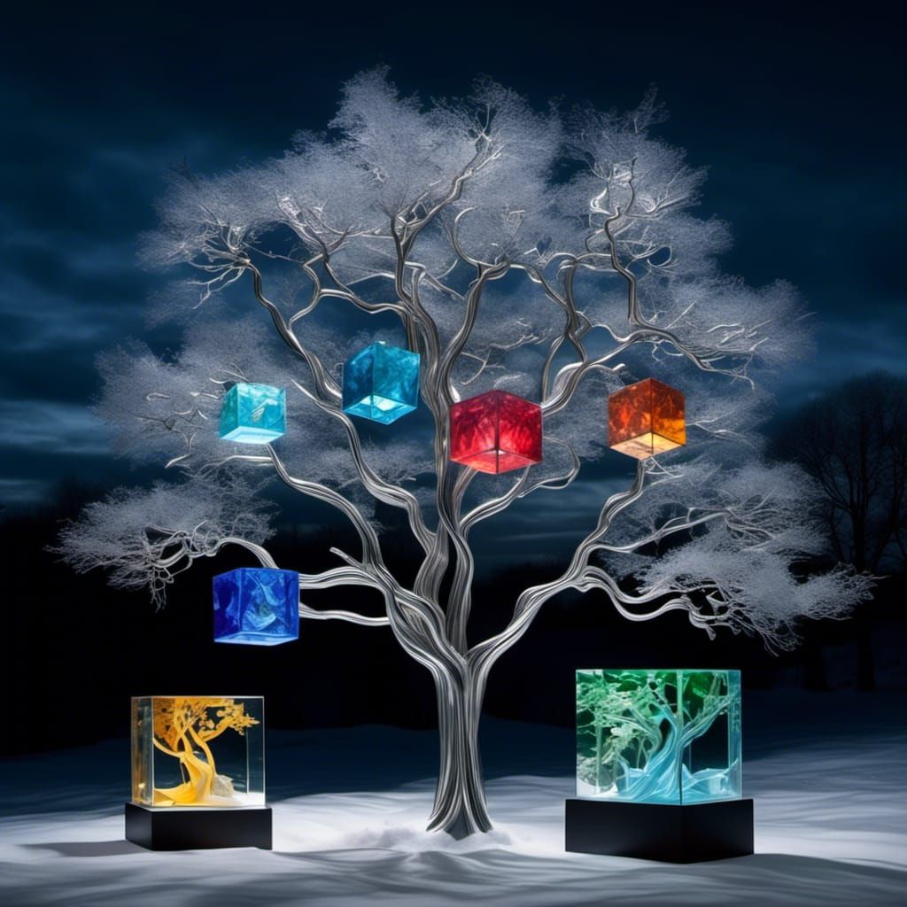 Hallucinogenic Glass Cubes and Steel Tree Sculpture