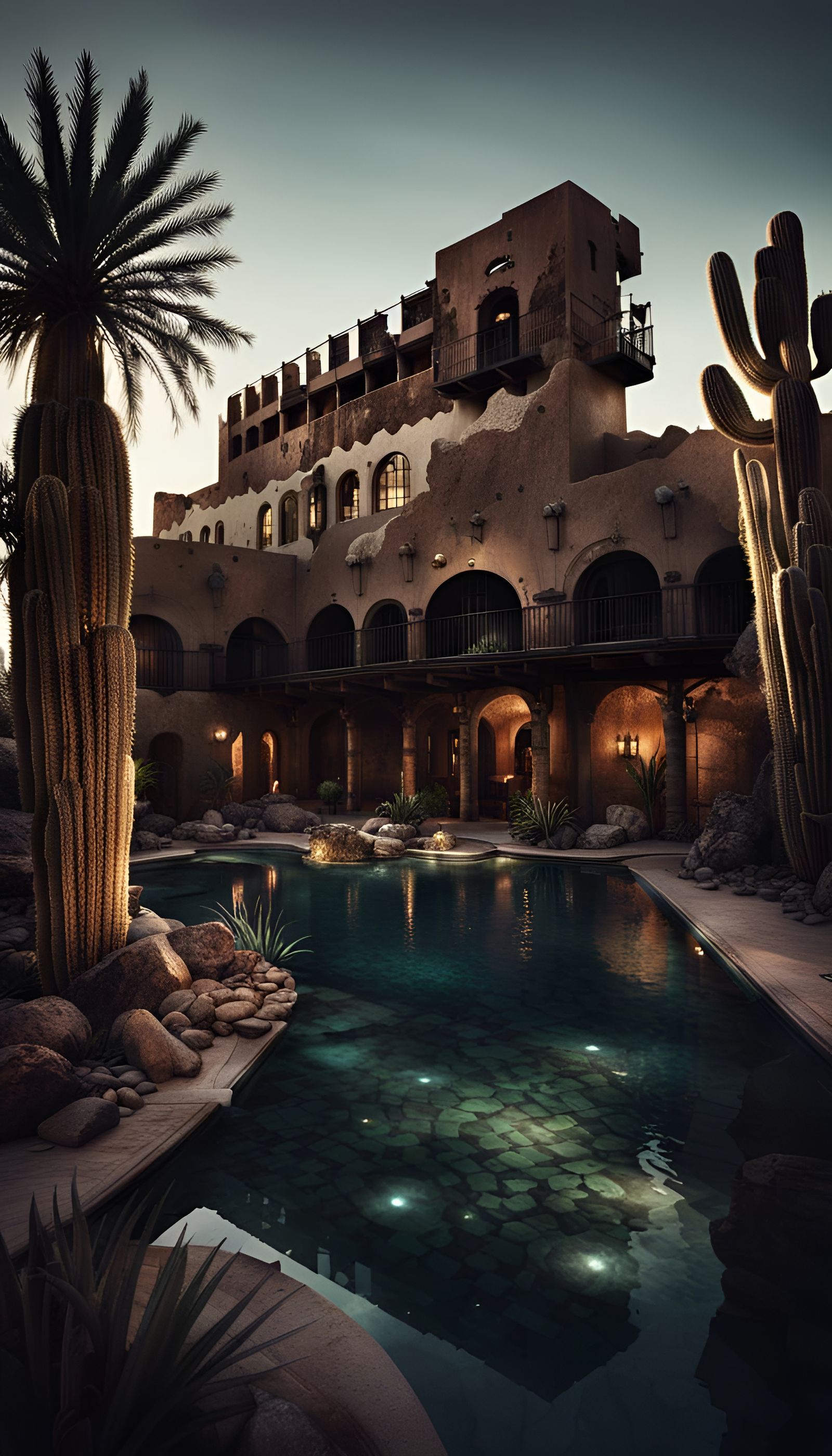 Mysterious Desert Hotel with Ominous Undertones