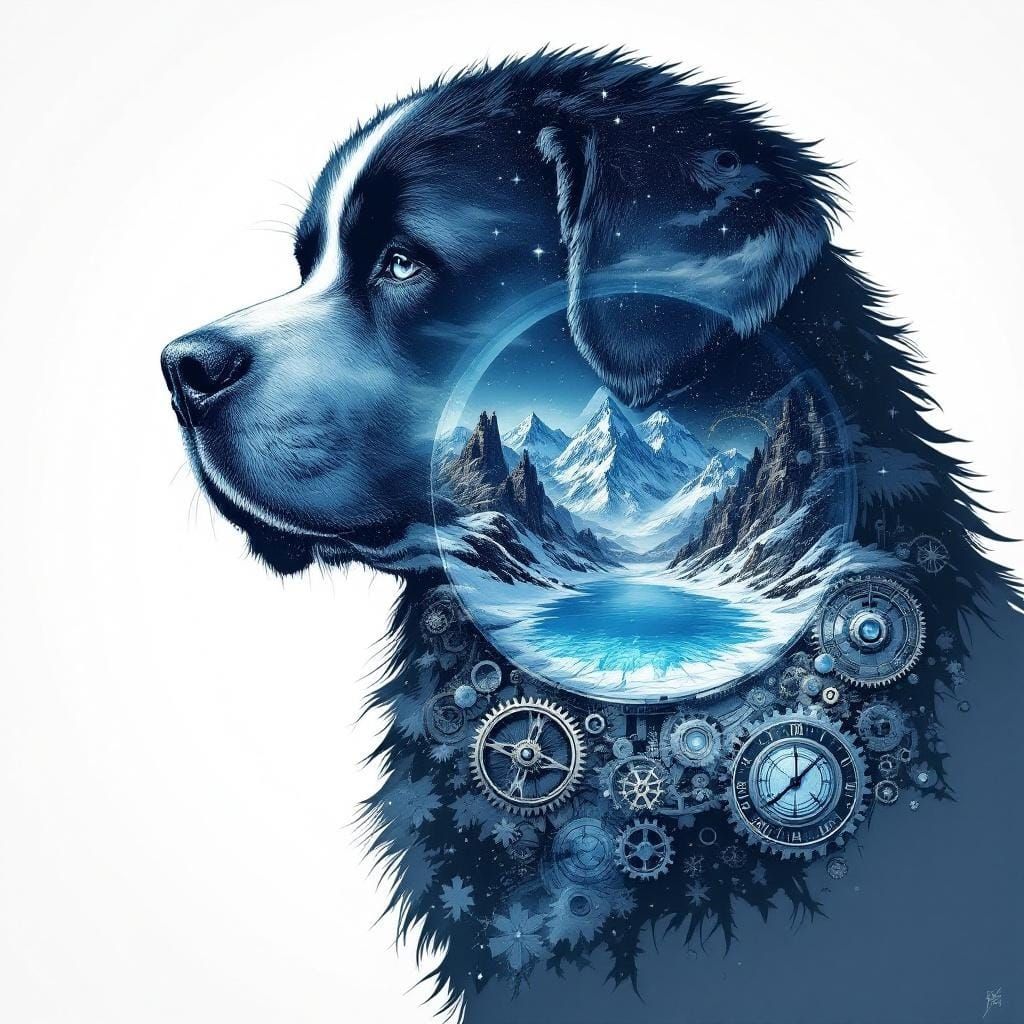 Steampunk Saint Bernard Silhouette in Japanese Ink Art