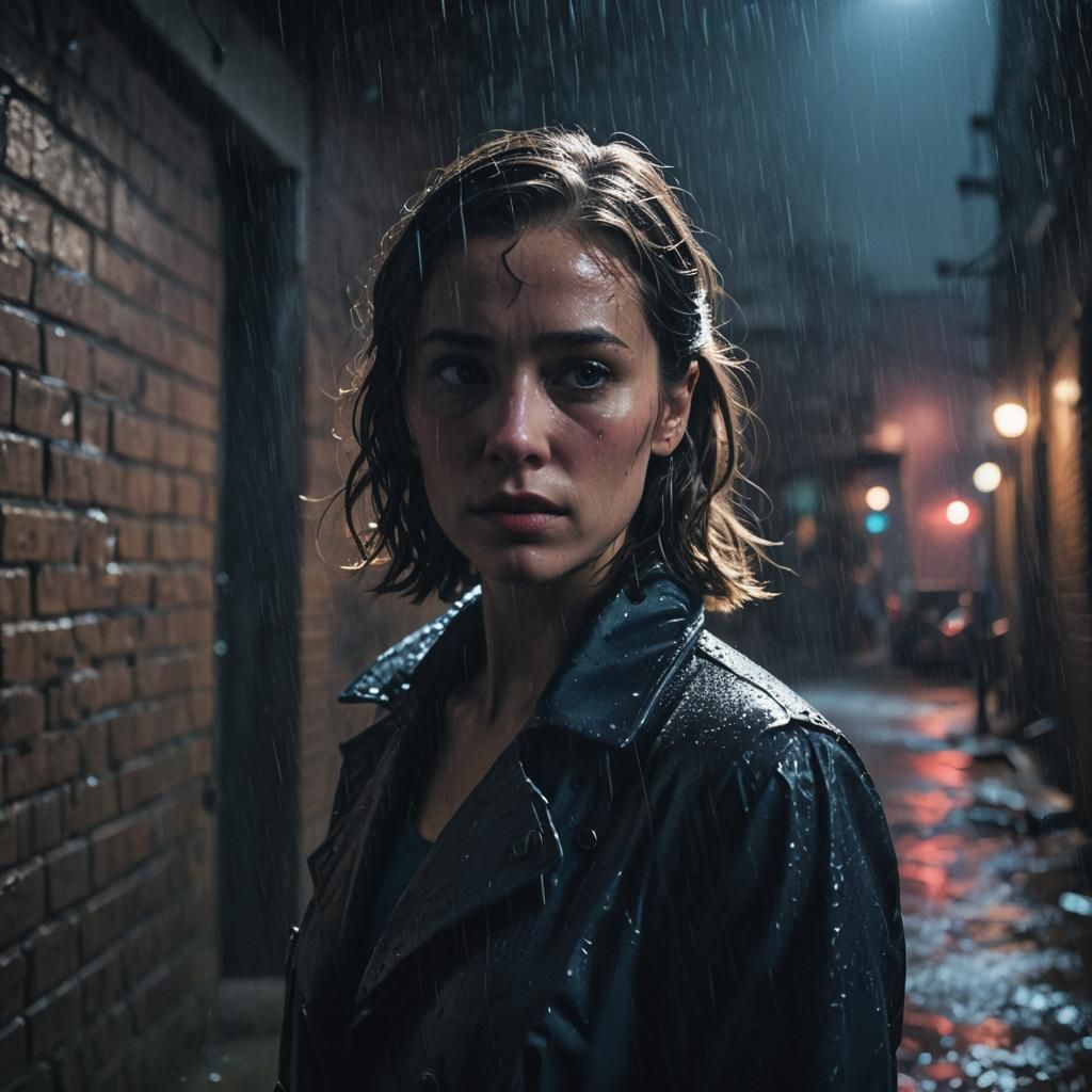 Mysterious Figure in Rainy Alleyway: Film Noir Style
