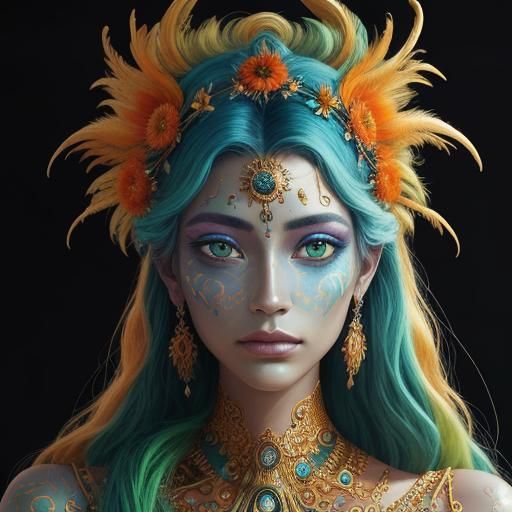 Woman with Gold Skin and Peacock Feather Hair