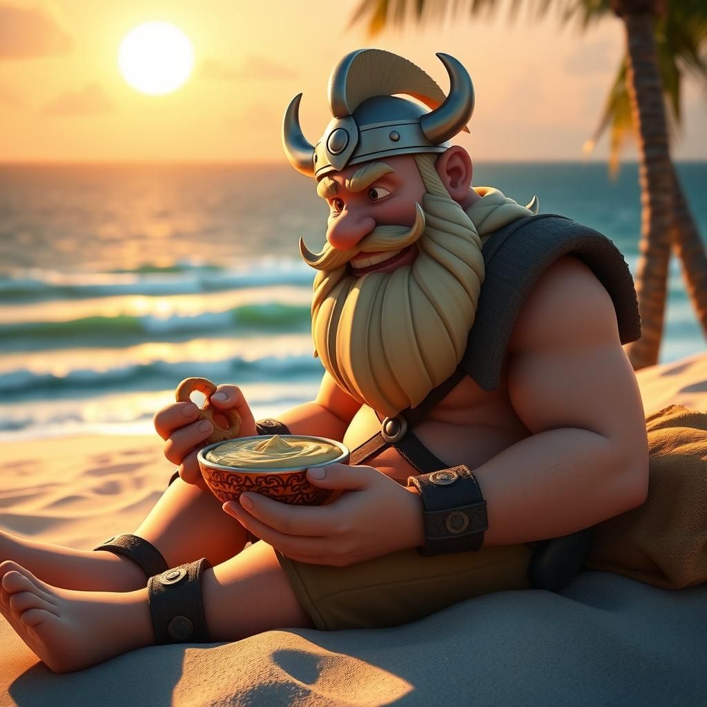 Viking Warrior's Beachside Snack: A 3D Digital Scene