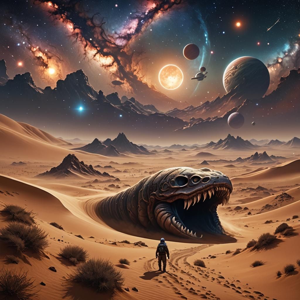 Surreal Dune Worm Amidst Galaxies