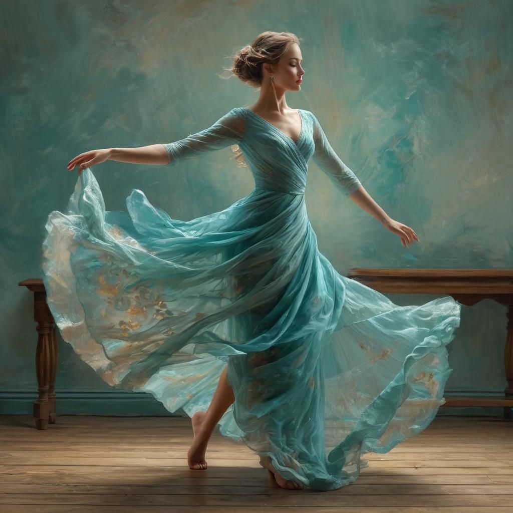 Elegant Dancer in Turquoise Dress: Post-Impressionist Oil Pa...