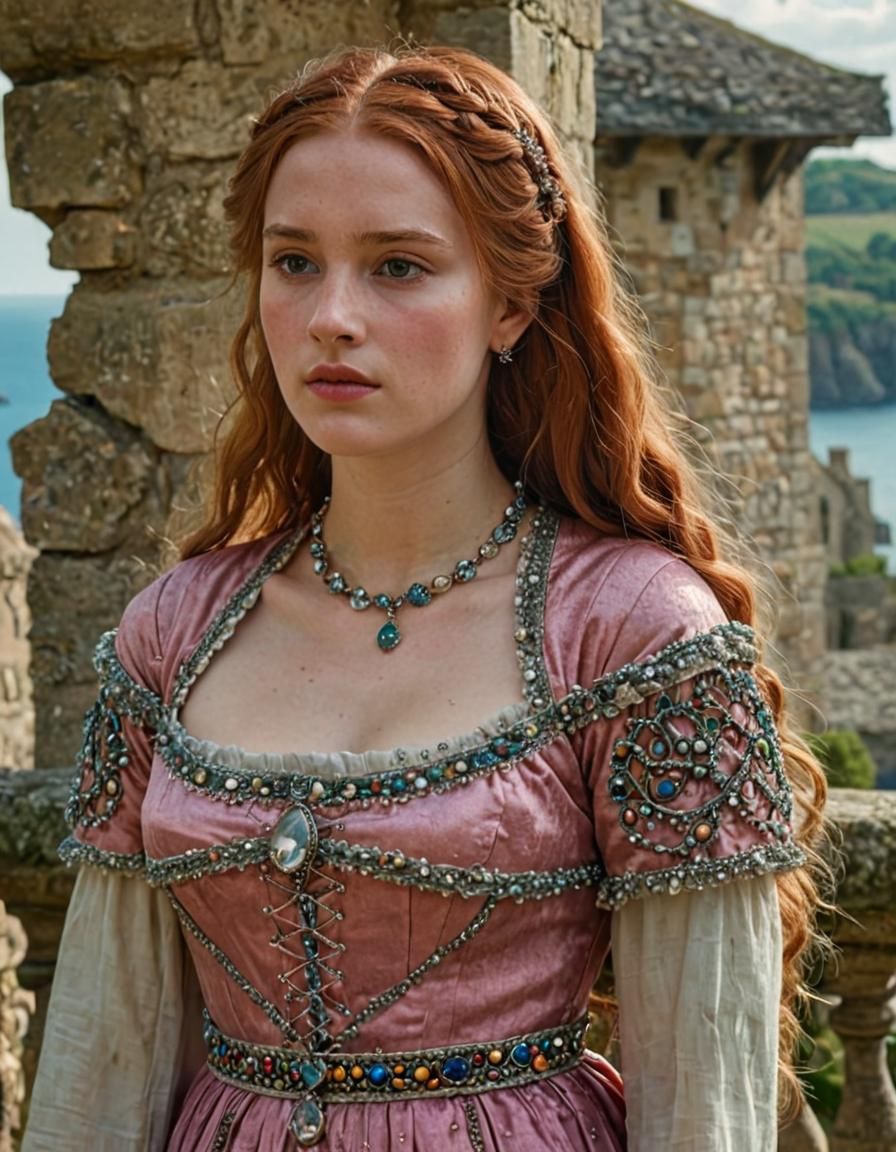 Medieval Princess with Red Hair Gazing at Sea