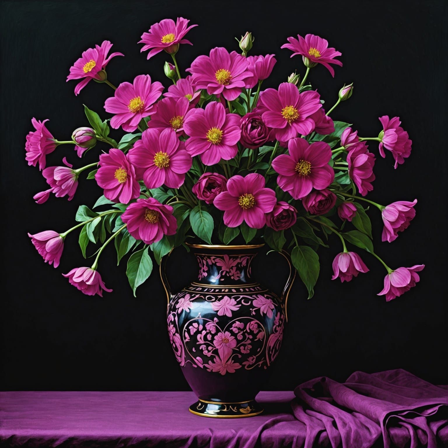 Magenta Flowers in Vase: Pre-Raphaelite Anime Style