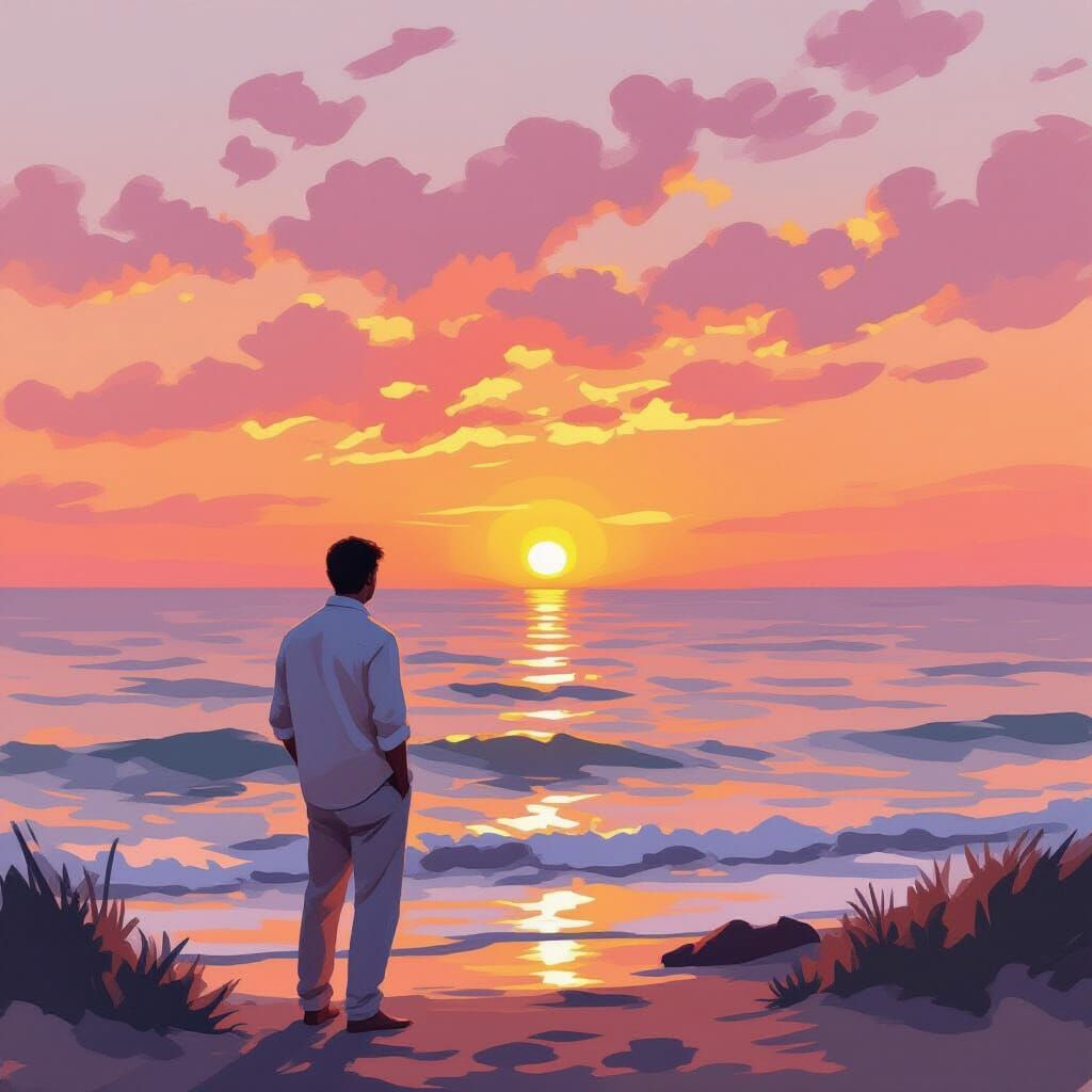 Impressionistic Sunset Seascape with Figure