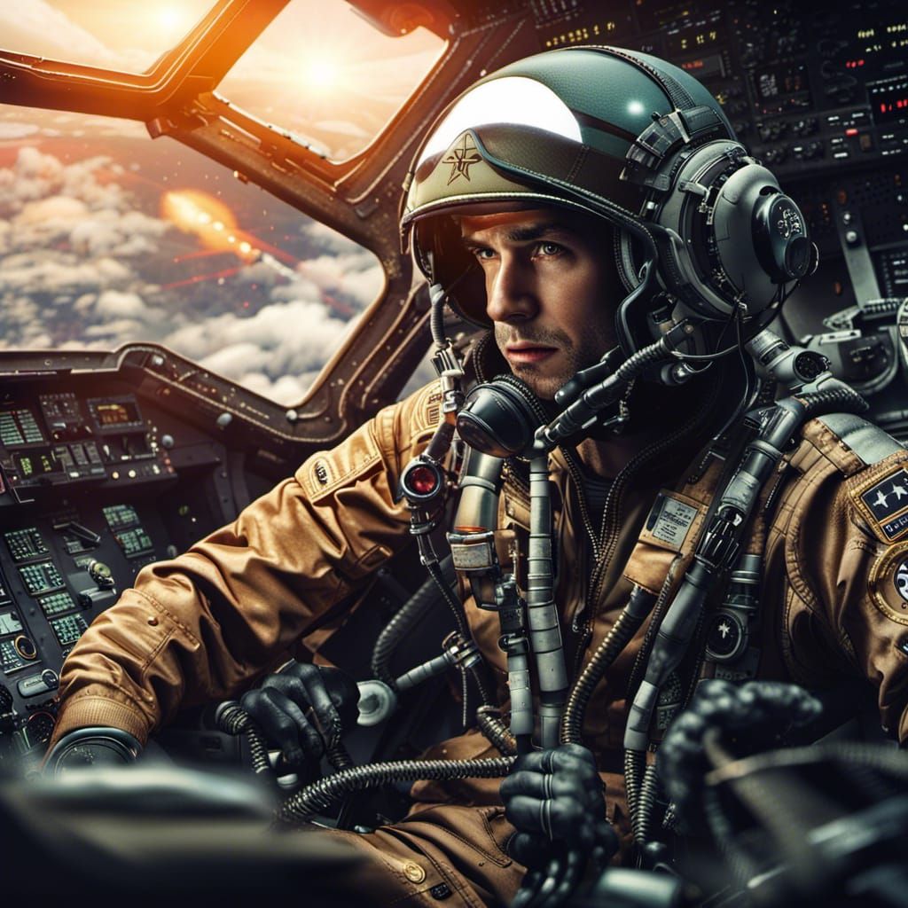 Pilot in Military Aircraft Cockpit Among Stardust