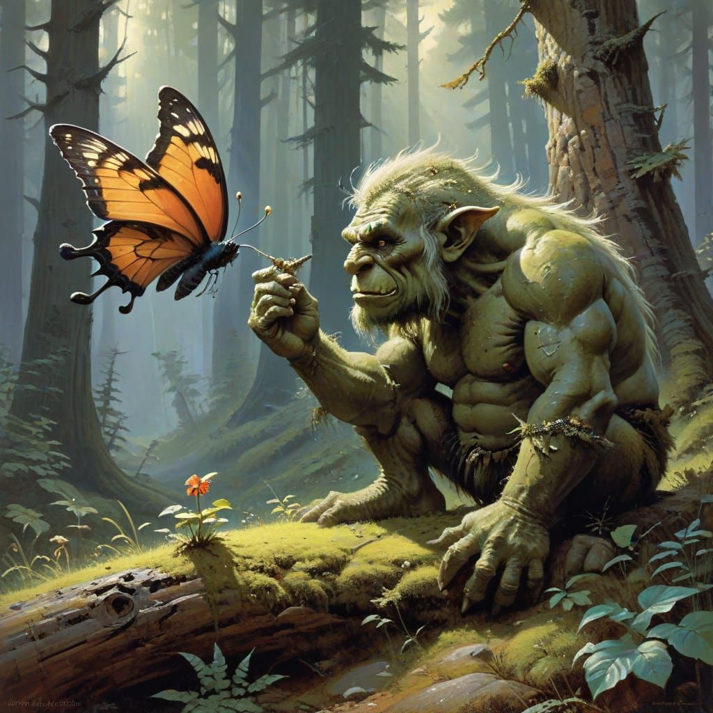 Scandinavian Troll and Butterfly, Frazetta Style