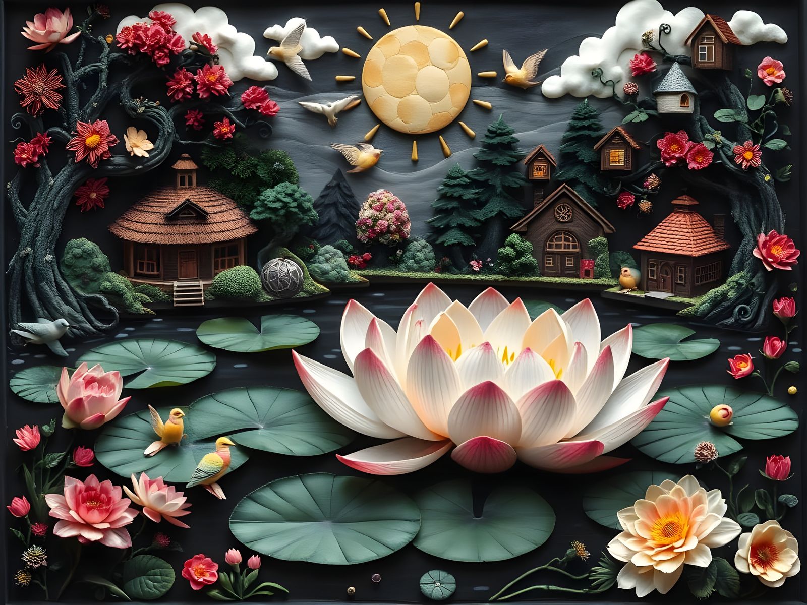 Lotus Blooms in Dark Lake, Intricate 3D Embroidery Relief