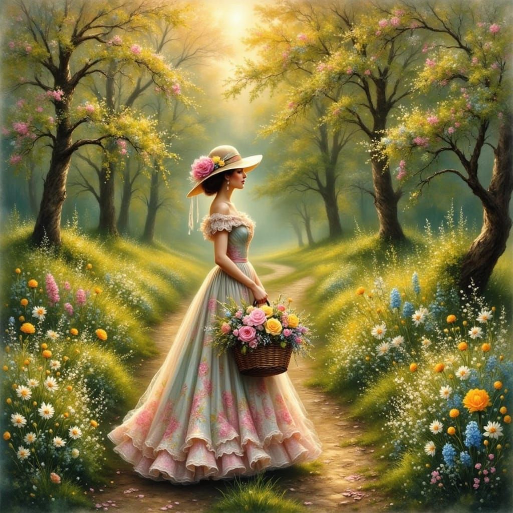 Victorian Lady with Flowers in Painterly Style