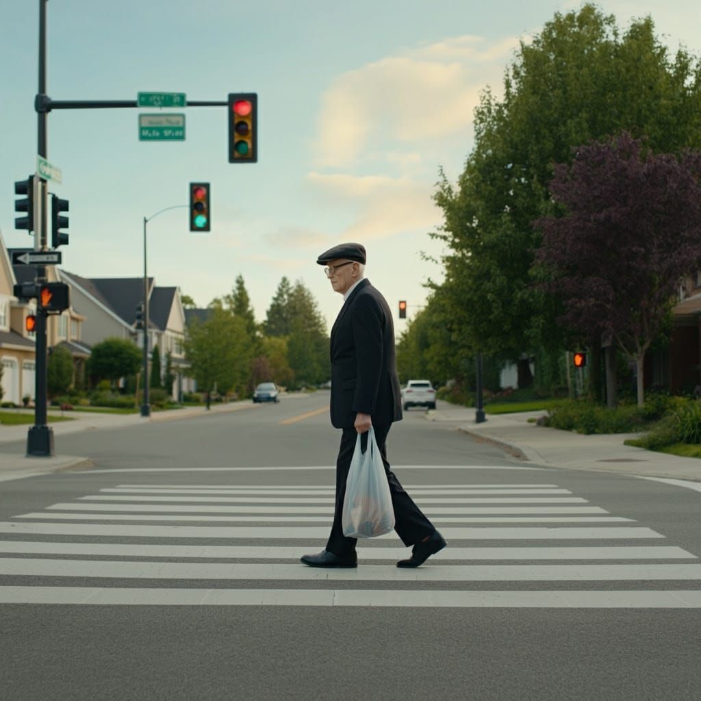Elderly Gentleman Walks Across a Quiet Suburban Street