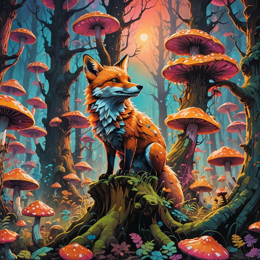 Fox in Glowing Mushroom Forest: Vibrant Street Art