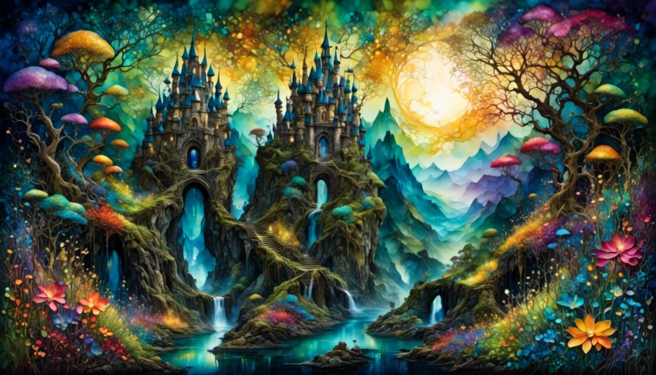 Fantasy Paradise in Hyperrealistic Alcohol Inks Style