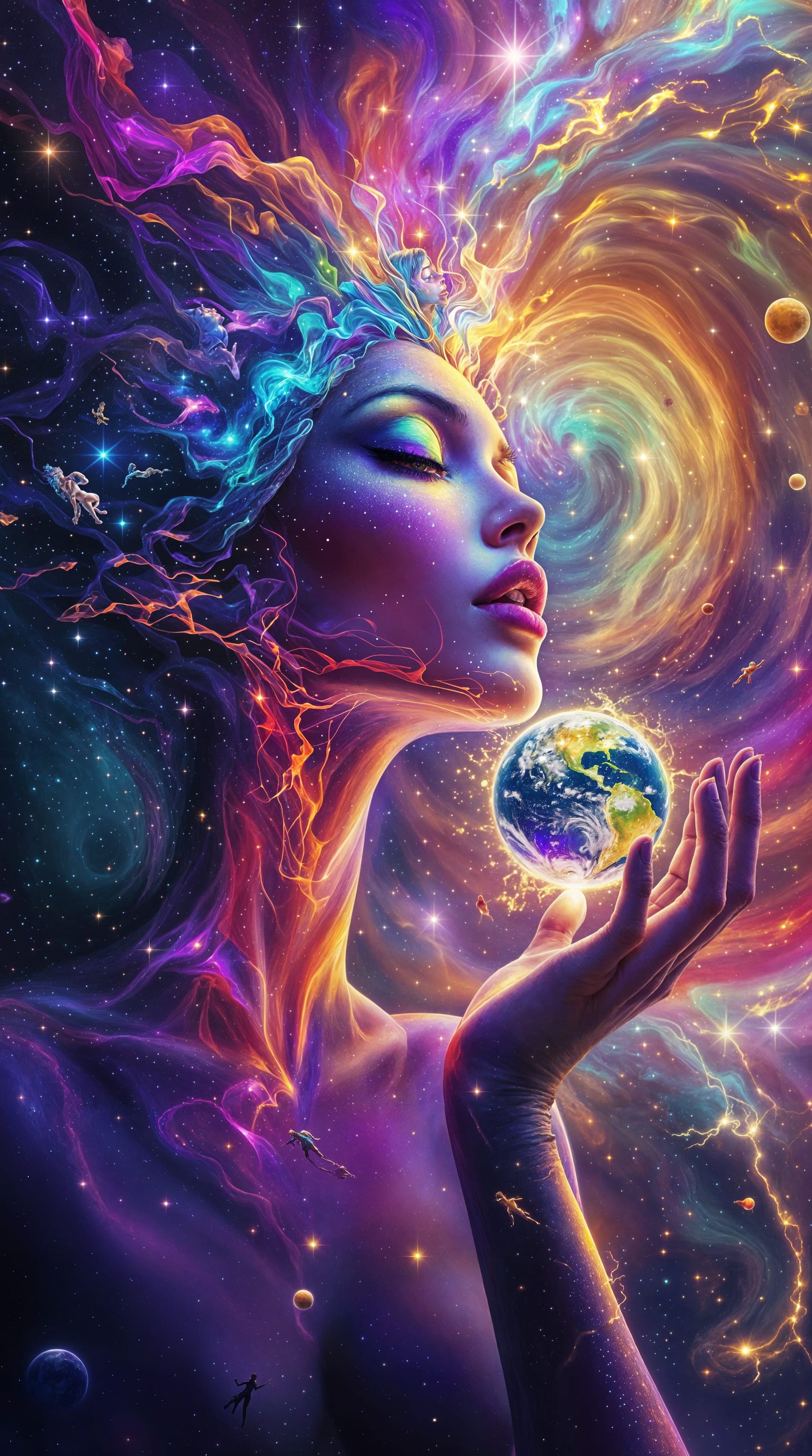 Cosmic Alien Woman Bites Earth in Surreal Portrait