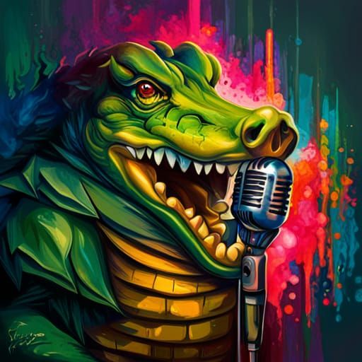 Tearful Crocodile with Microphone in Graffiti Art
