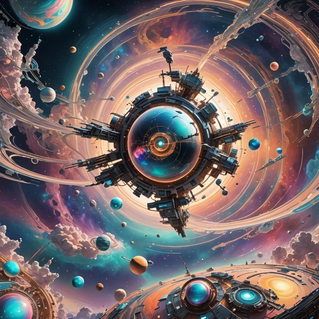 Iridescent Space Station Orbiting a Swirling Planet