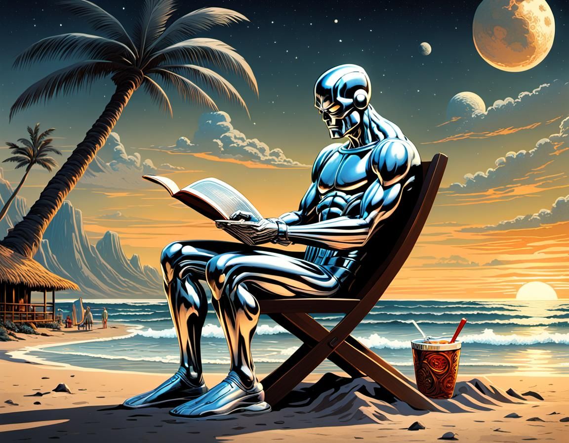 Silver Surfer Reading a Book with a Tiki Drink on the Beach