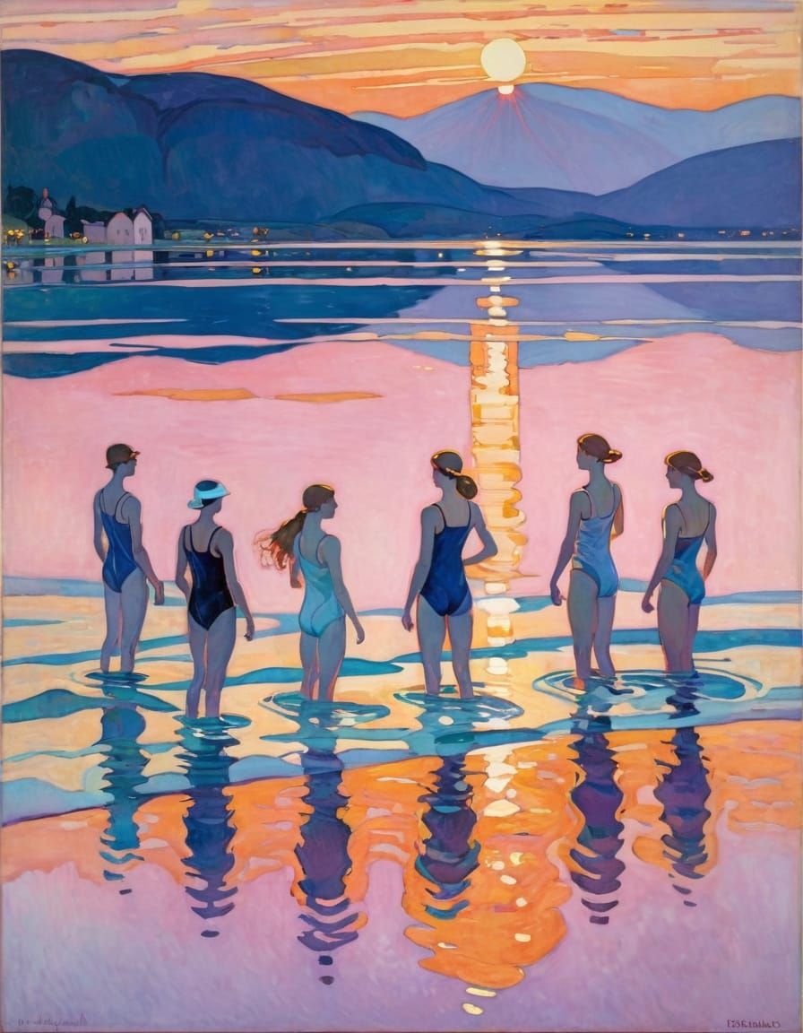Women Swimmers at a Vibrant Sunset in an Art Nouveau Style