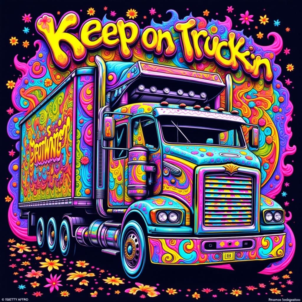 Psychedelic Truck with Flower Petals in Pop Art Style