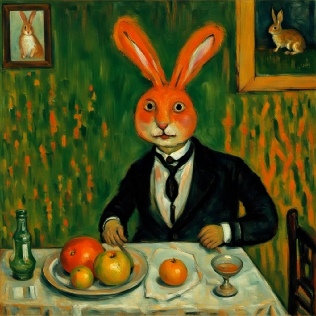 Surreal Still Life with Rabbit, in Expressionist Style